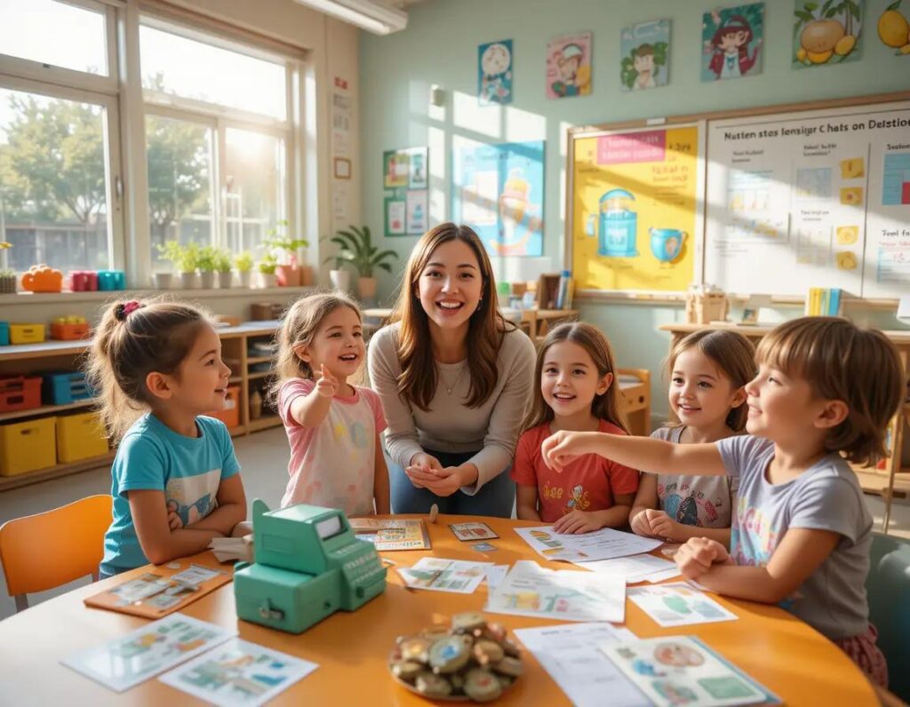a bright classroom with children exploring money and savings happily
