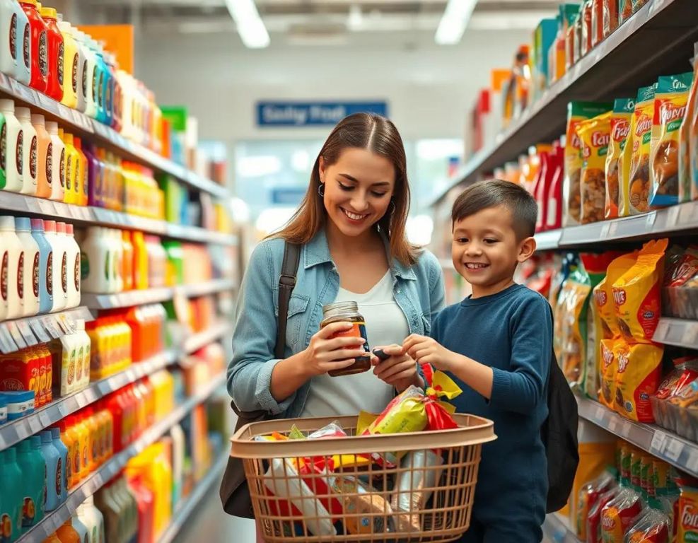 a cheerful store aisle with organized shelves happy shoppers vibrant products