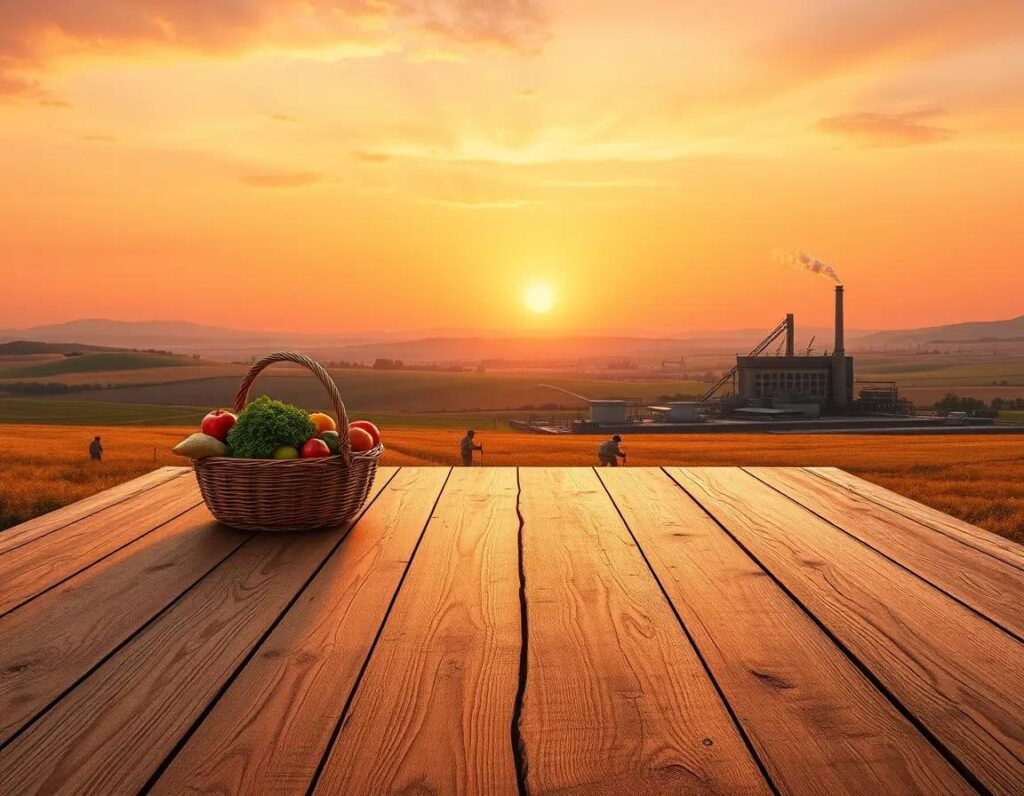 a sunrise over a vast landscape with a wooden table farm and factory