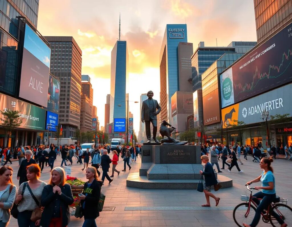 a vibrant city square at dawn with adam smith statue diverse people and modern skyline