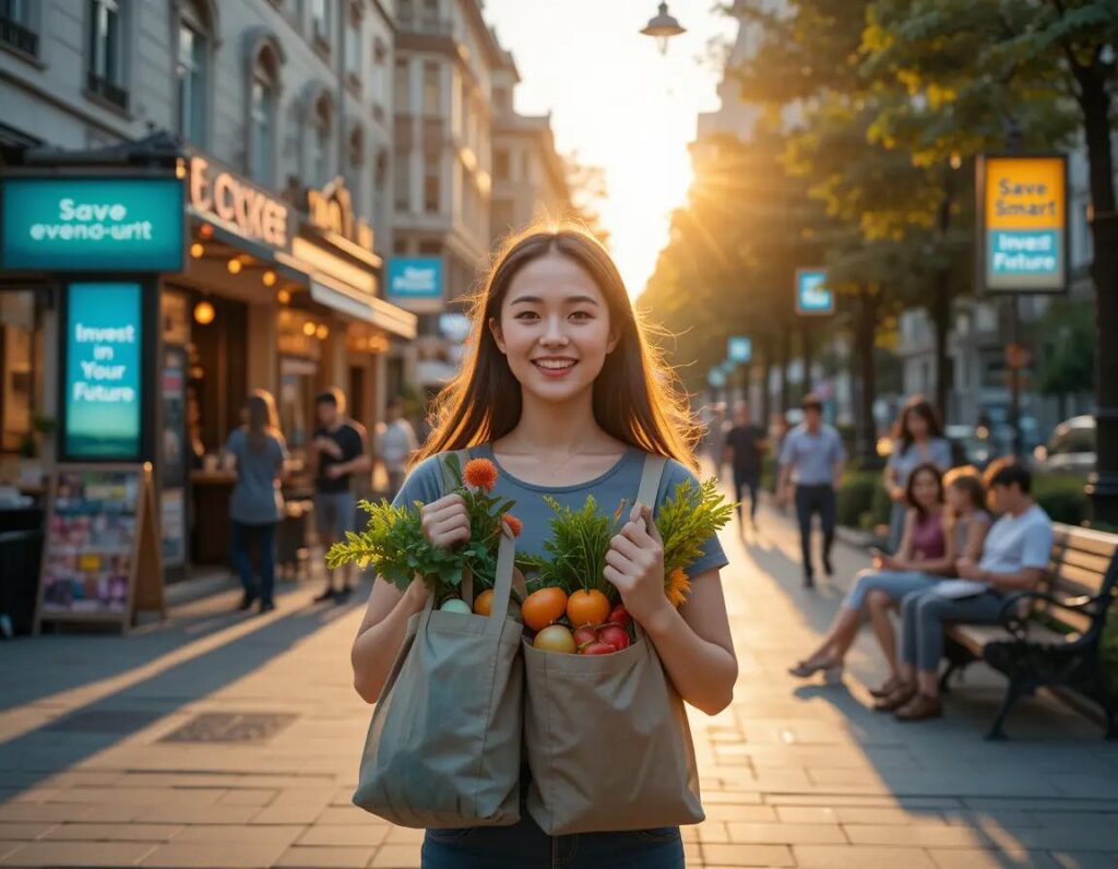a vibrant city street at dawn lively colorful filled with happy people