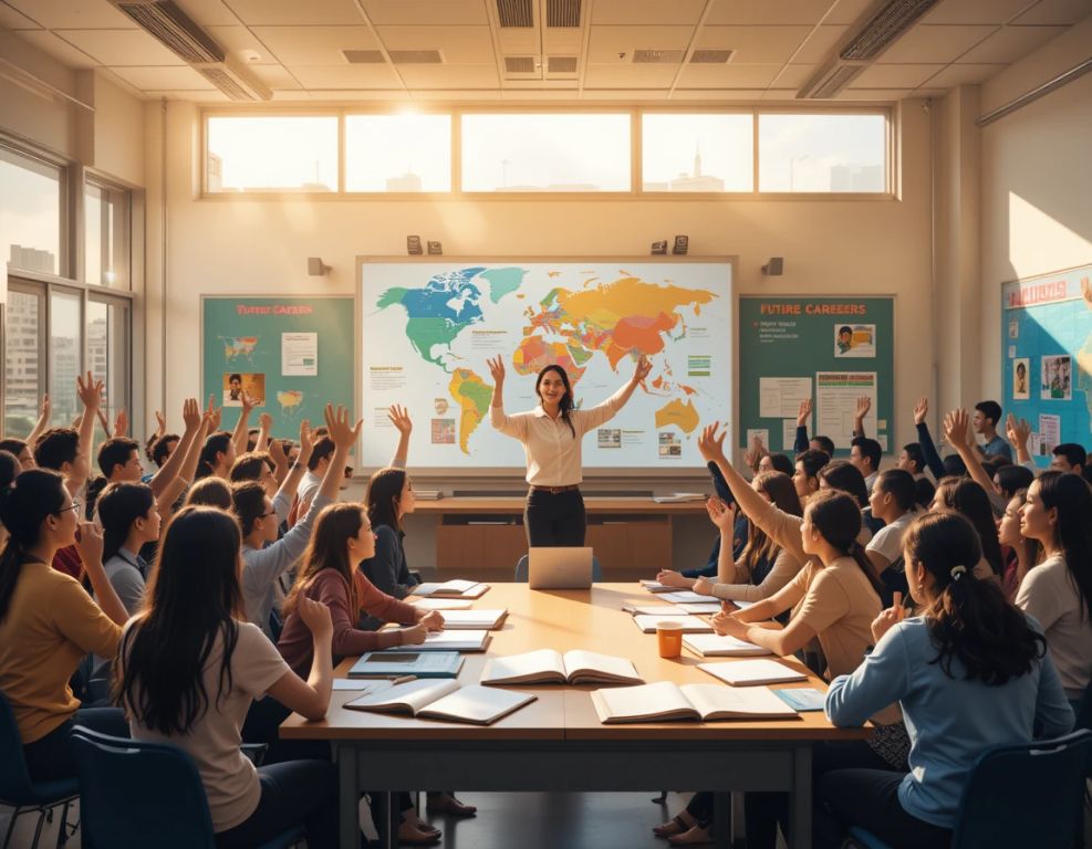 a vibrant classroom lleno de estudiantes diversos mapas y posters coloridos