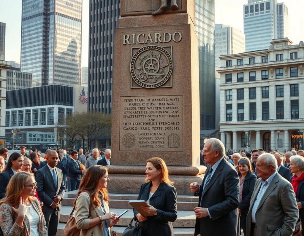 a vibrant dawn scene with diverse people admiring ricardo’s engraved monument