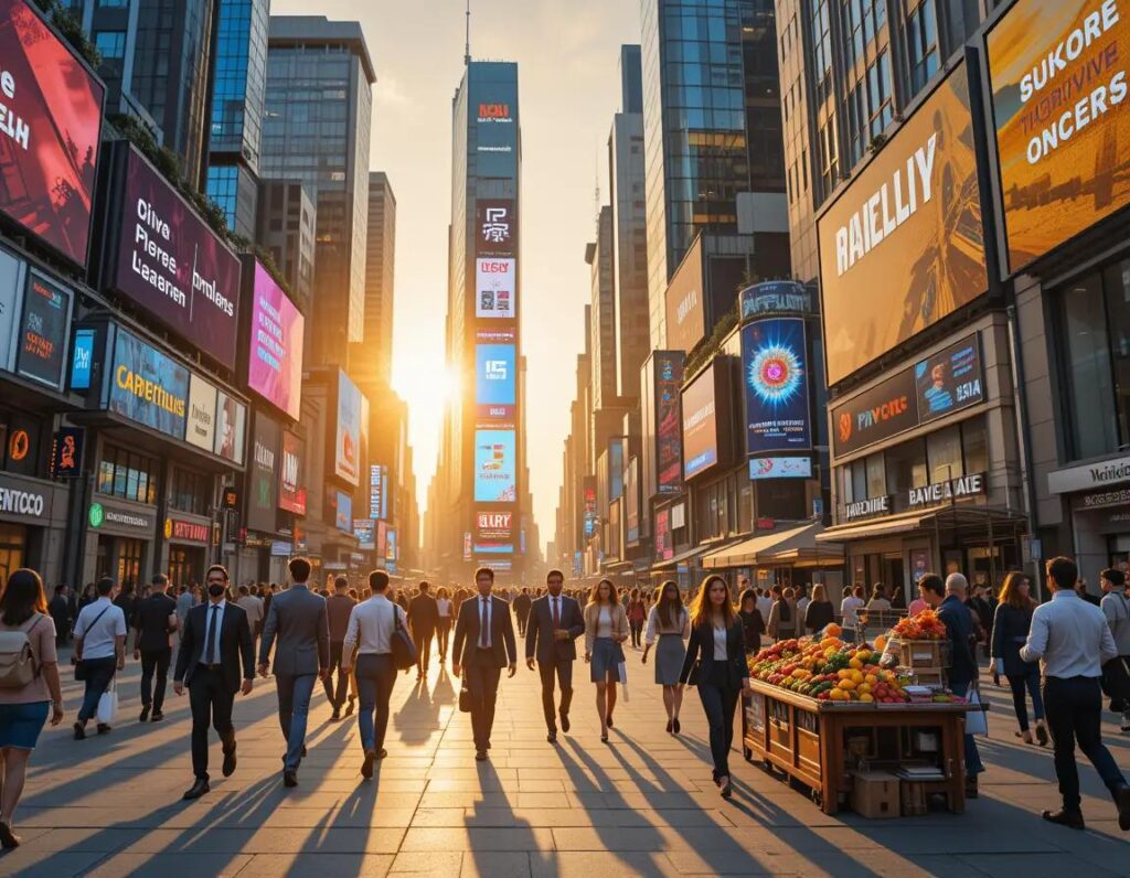 a vibrant sunrise city street with skyscrapers diverse entrepreneurs vendors and bustling activity