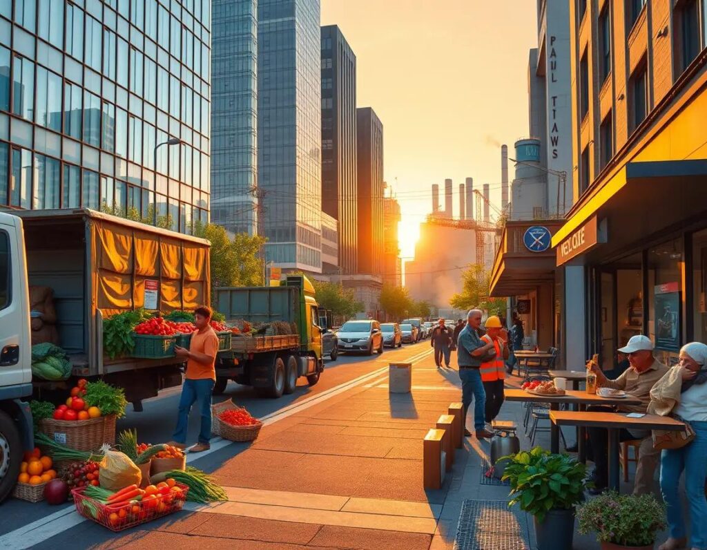 a vibrant sunrise illuminates diverse workers buildings and activity scenes