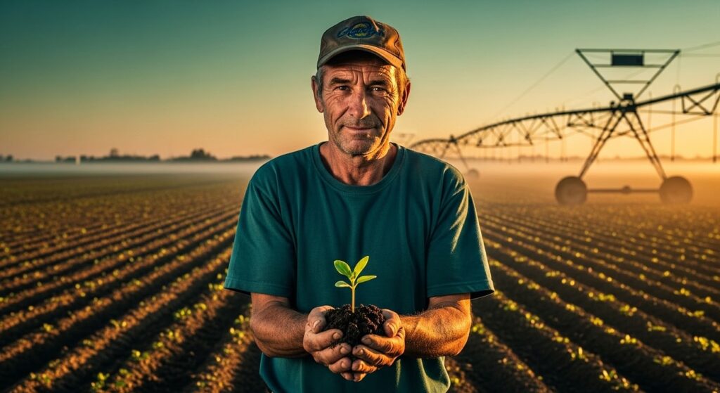 agricultor veterano sostiene tierra y brote en campo soleado