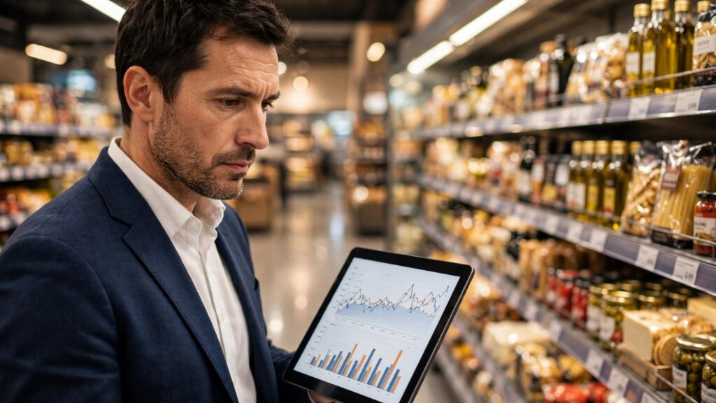 analista economico evaluando costos de productos importados en supermercado