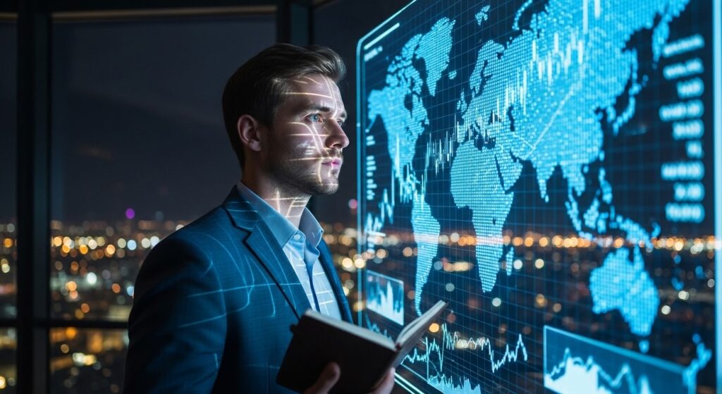 analista economico frente a pantalla digital con mapas globales