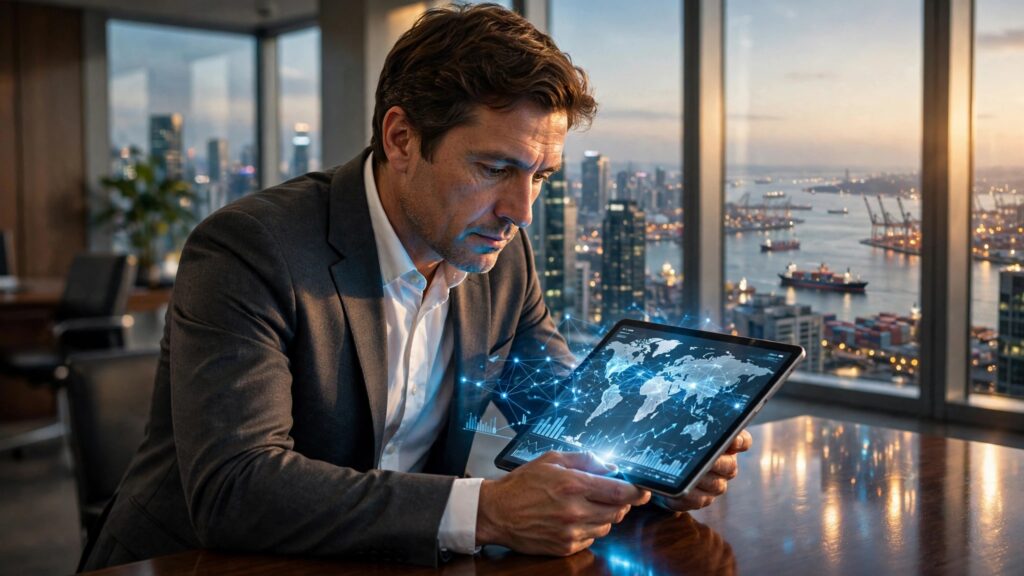 analista economico observando mapas de comercio regional en tablet
