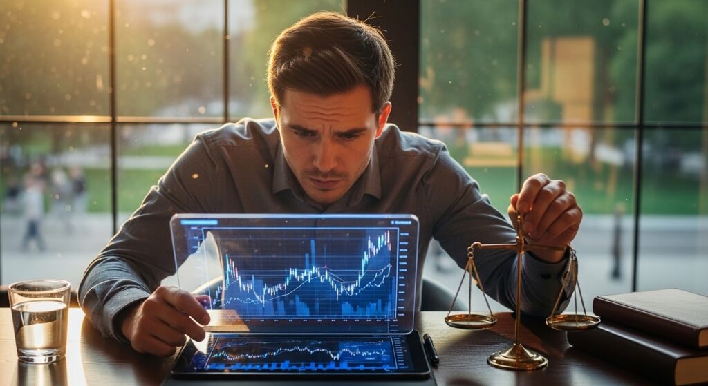 analista reflexivo observa graficos en tableta con balanza antigua