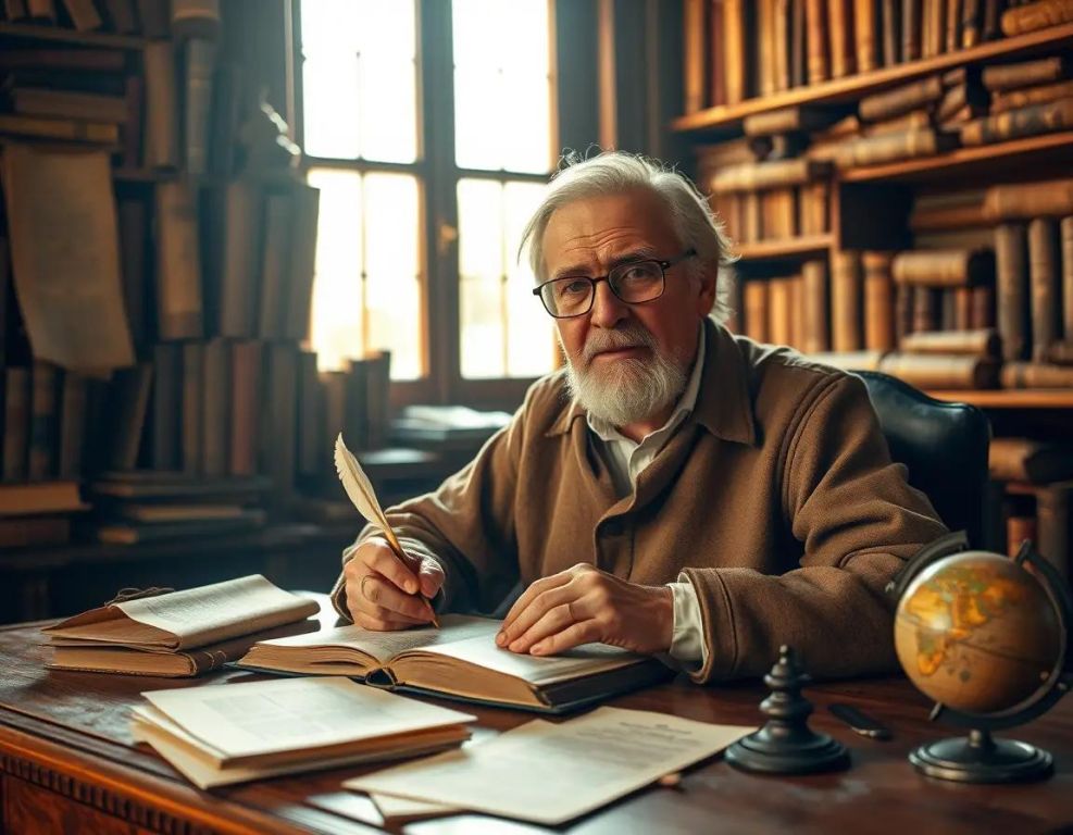 anciano pensativo en estudio calido escribiendo con pasion y sabiduria