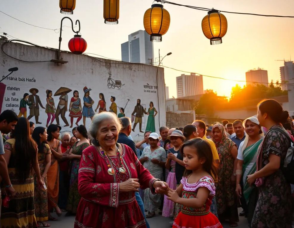 bailes tradicionales luces calidas mural historico skyline moderno