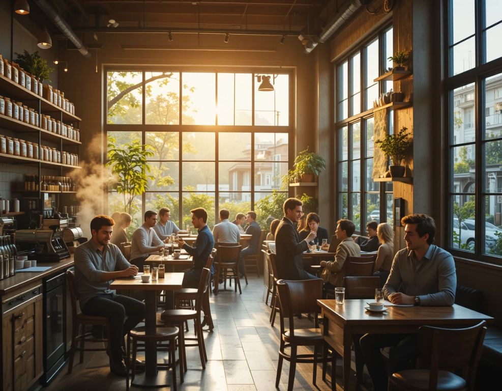 cafe matutino lleno de luz clientes felices y aromas de cafe