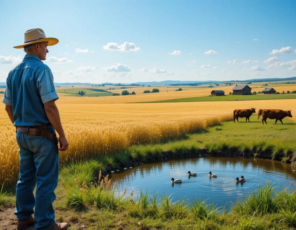 campo dorado granja soleada granjeros vacas estanque y colinas
