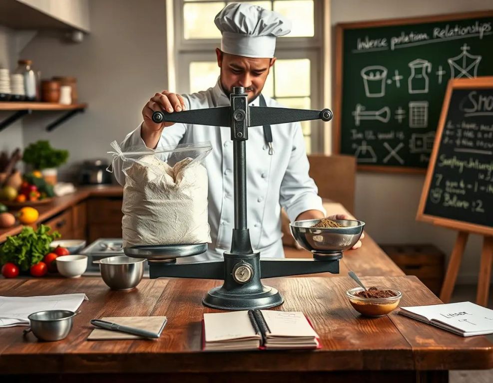 chef ajusta balanza con ingredientes frescos en cocina luminosa y calida