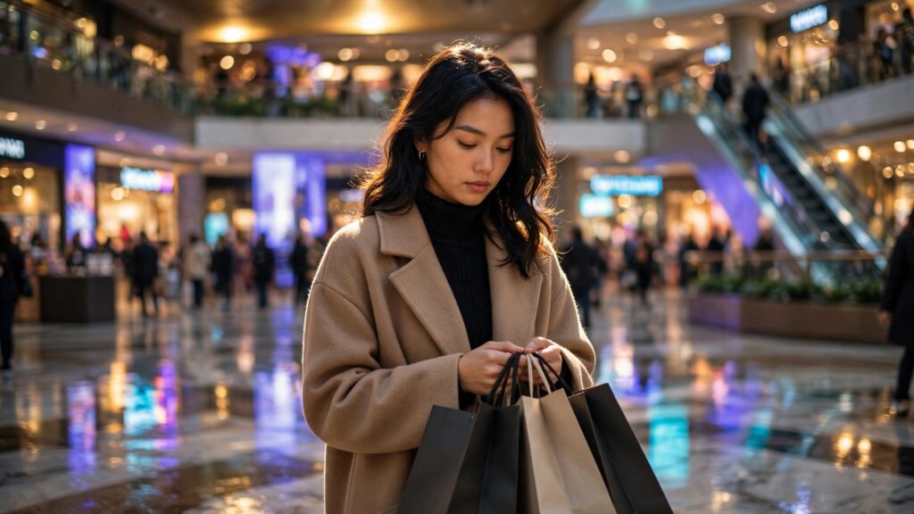 chica con bolsas de compras en un centro comercial