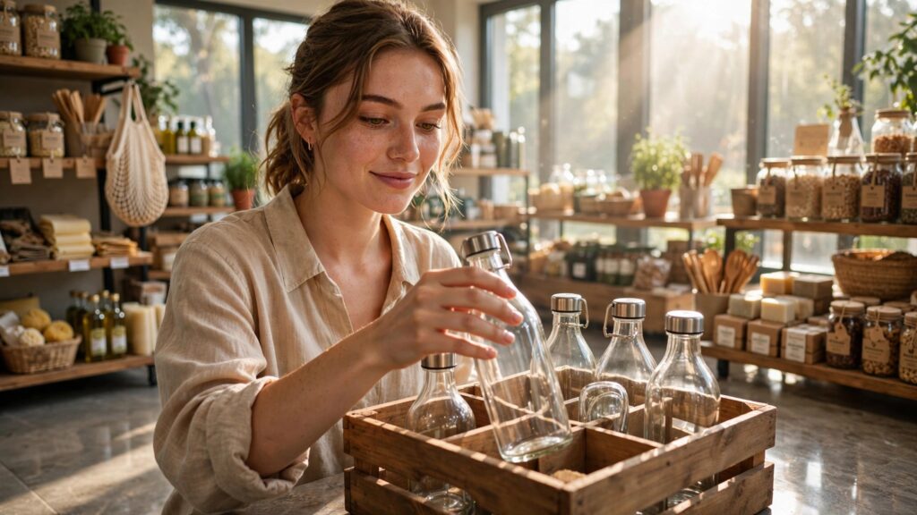 chica guardando envase de vidrio reutilizable en tienda ecologica