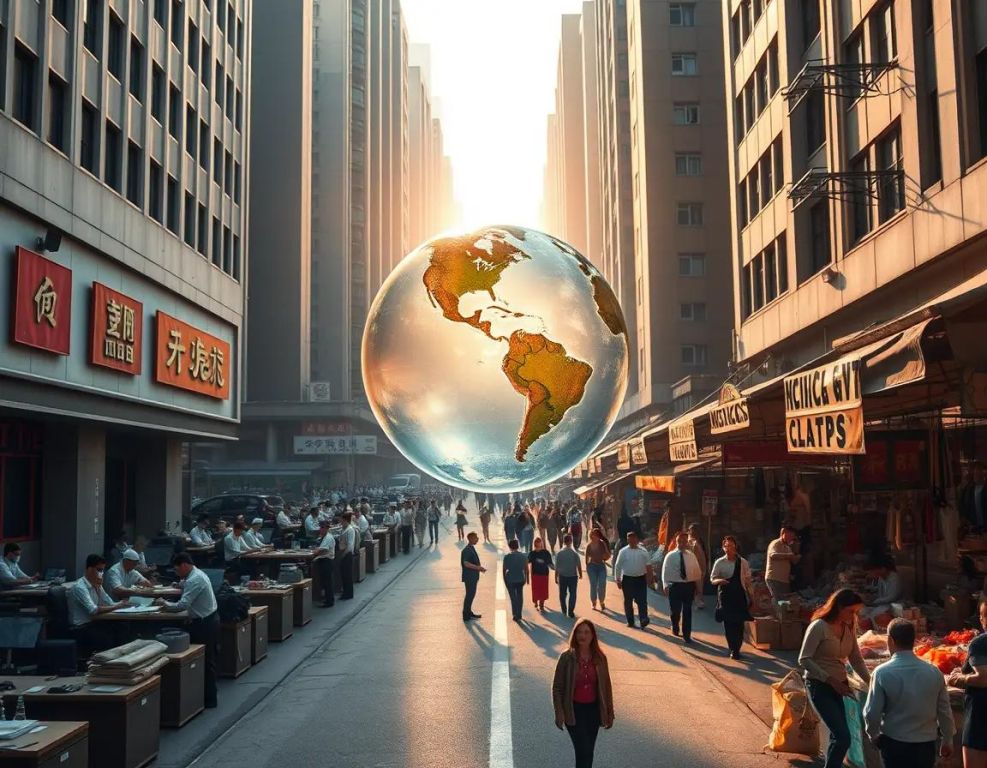 ciudad al amanecer oficina ordenada a la izquierda mercado vibrante a la derecha