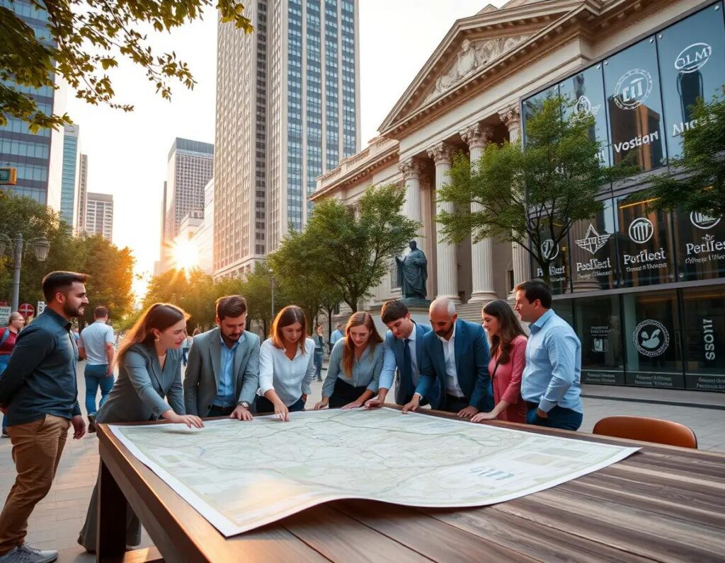 ciudad bulliciosa al amanecer con gente mapas y arquitectura contrastante