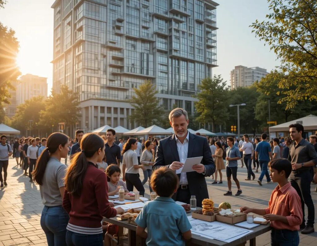 ciudad bulliciosa al amanecer con mercado edificios modernos y comunidad activa