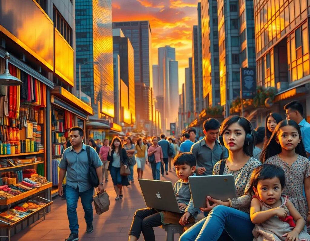 ciudad bulliciosa al atardecer con diversidad comercio y esperanza