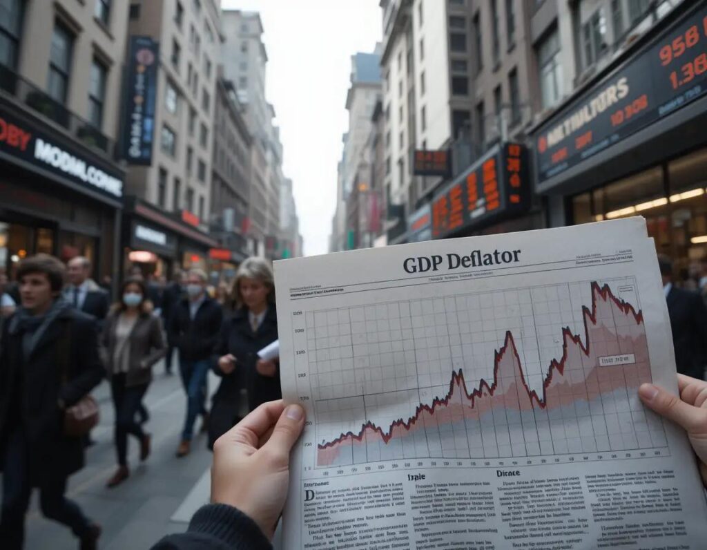 ciudad matutina con gente graficos y signos que reflejan inflacion