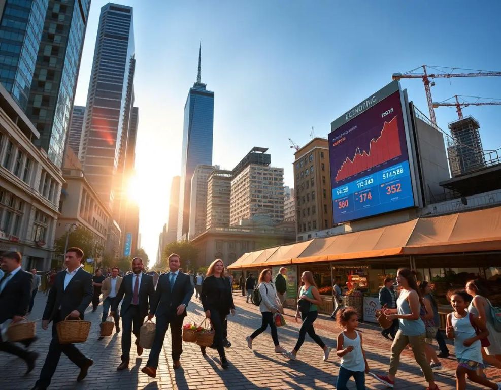 ciudad vibrante al amanecer con gente activa mercado y rascacielos