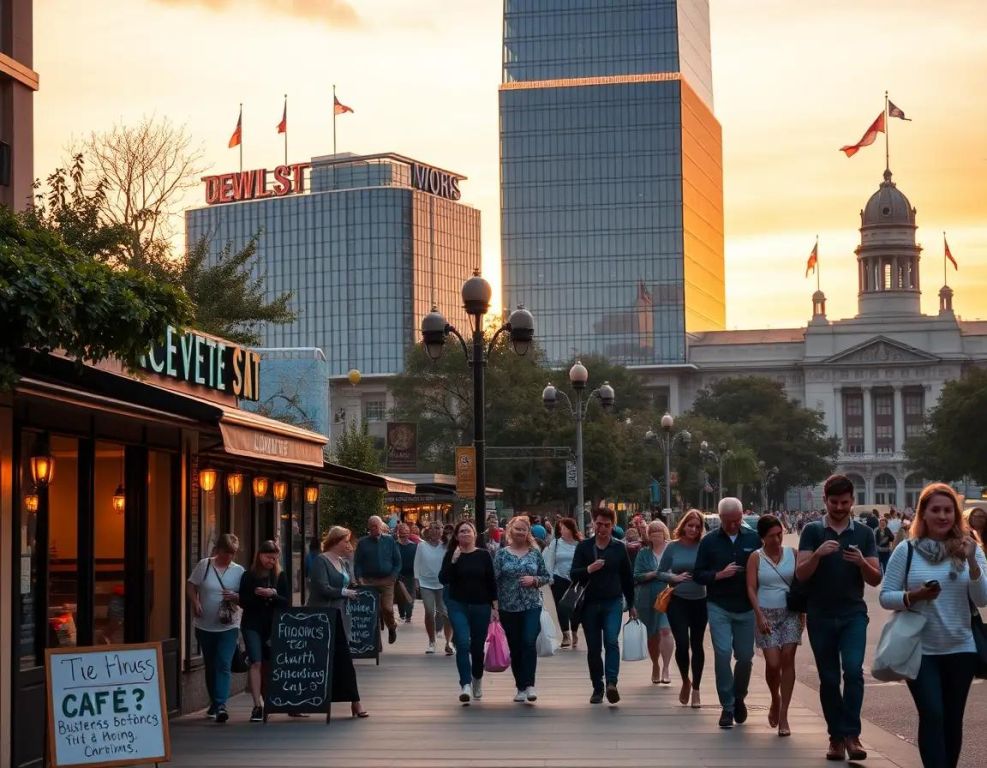 ciudad vibrante al amanecer con gente diversa negocios y edificios modernos