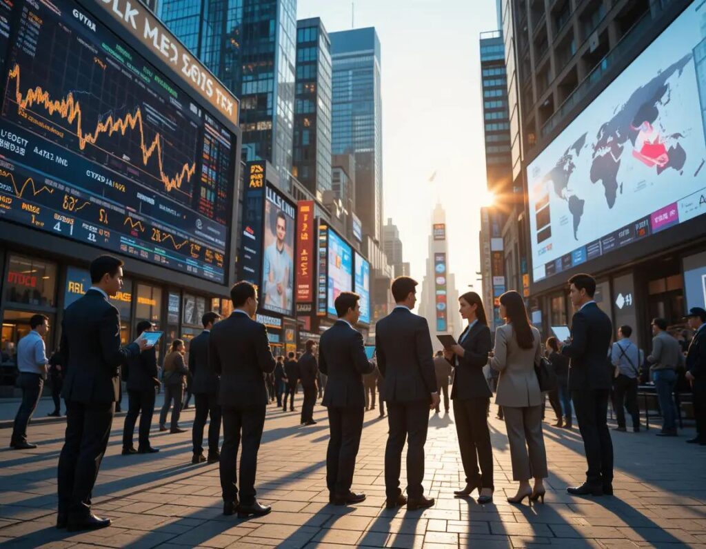 ciudad vibrante al amanecer con pantallas digitales y profesionales activos