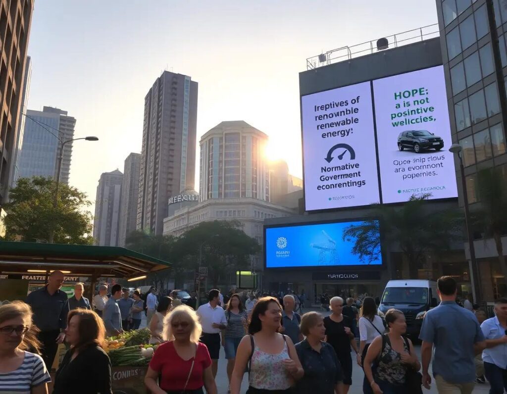 ciudad vibrante al amanecer con personas mercado y edificios modernos