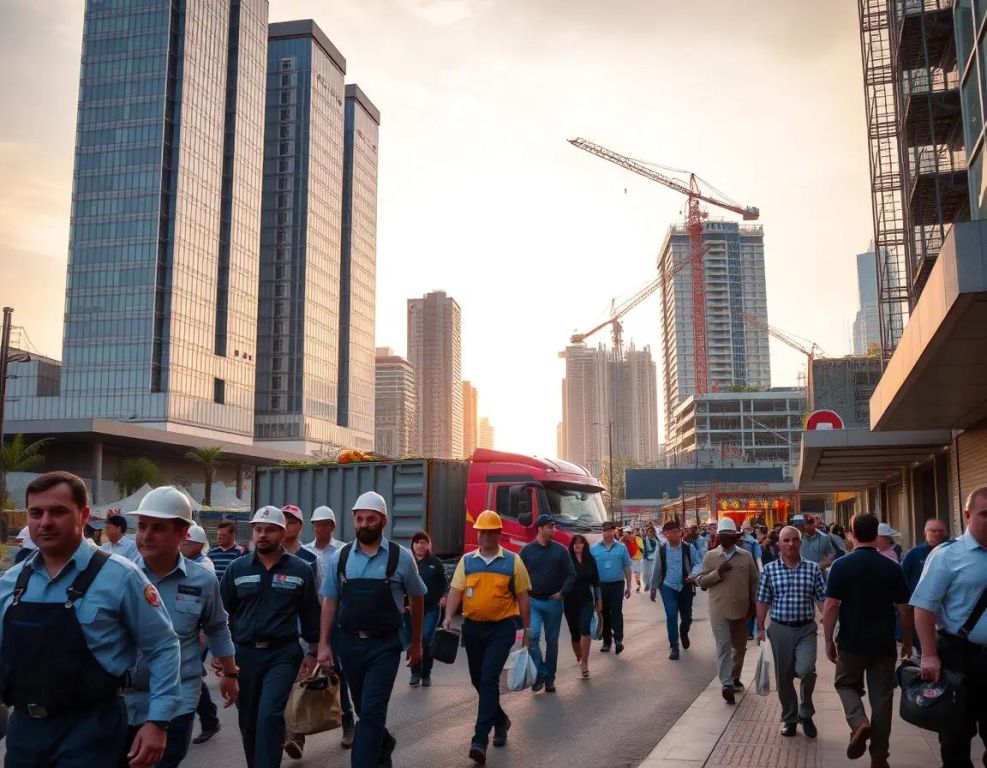 ciudad vibrante al amanecer con trabajadores edificios y mercado activo