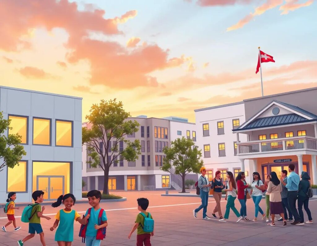 ciudad vibrante al amanecer escuela hospital comunidad y gobierno