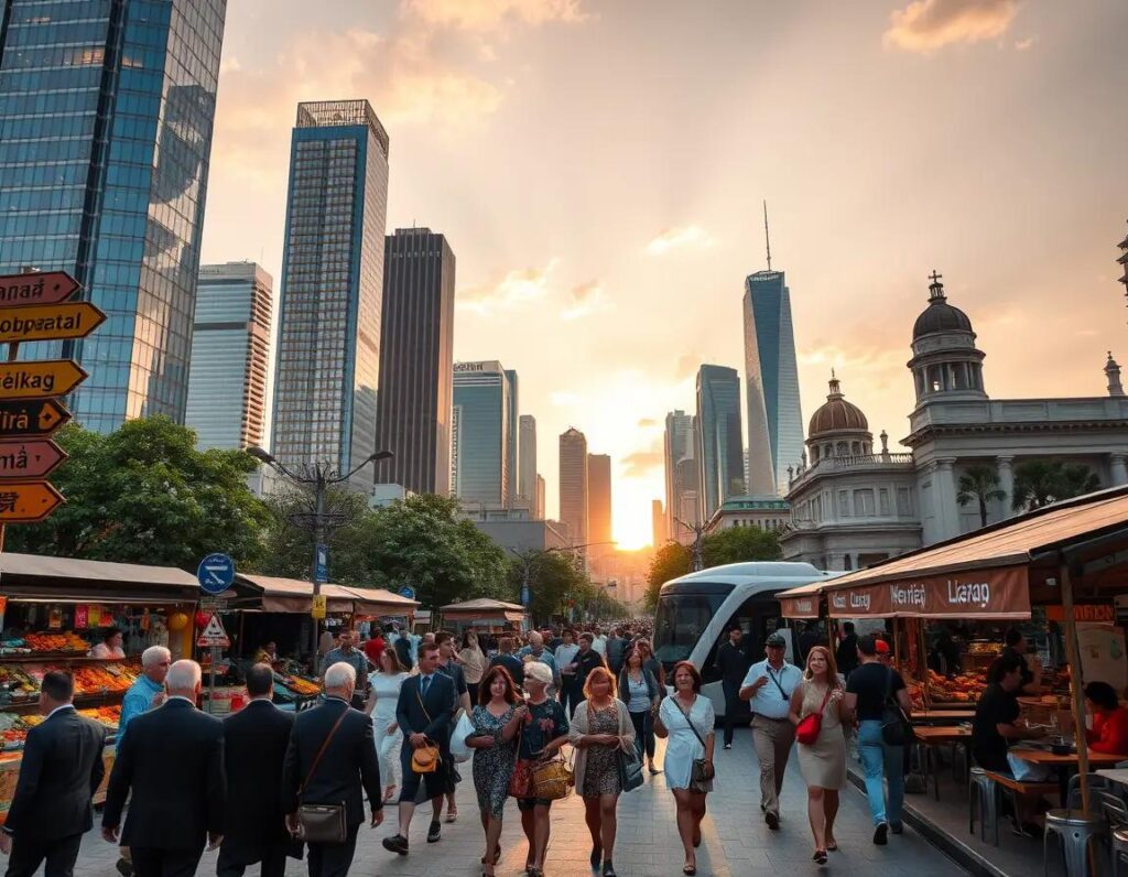 ciudad vibrante al amanecer fusionando modernidad y tradicion en armonia