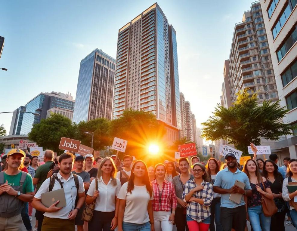 ciudad vibrante al amanecer gente diversa edificios modernos parque tranquilo