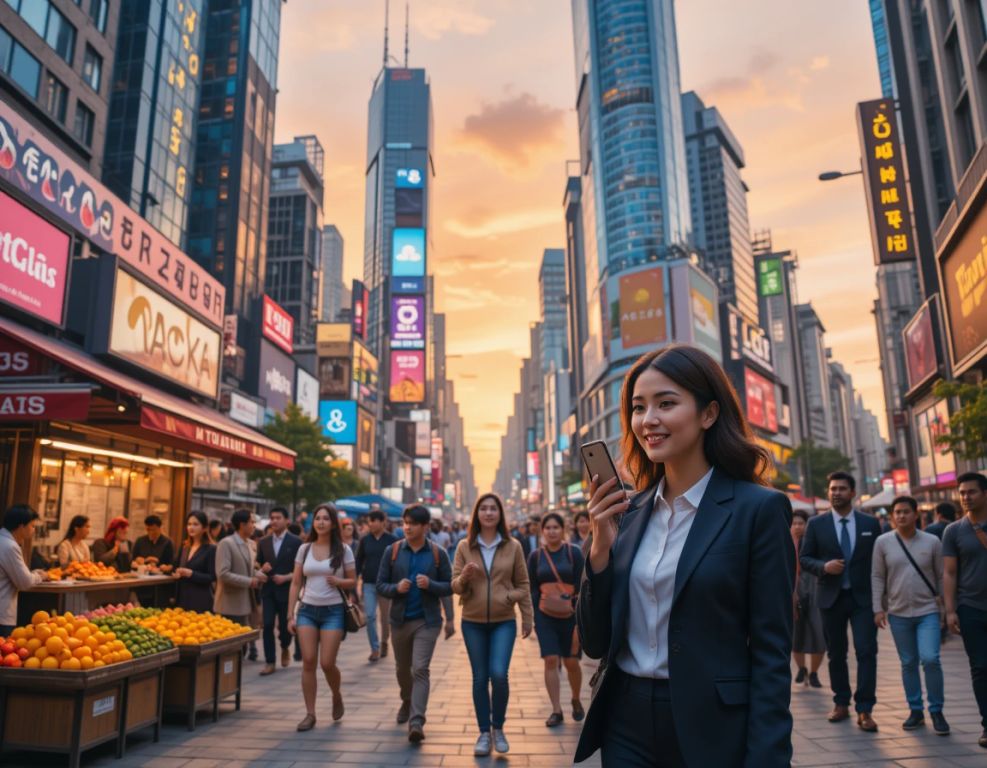 ciudad vibrante al atardecer con gente diversa y cultura en armonia