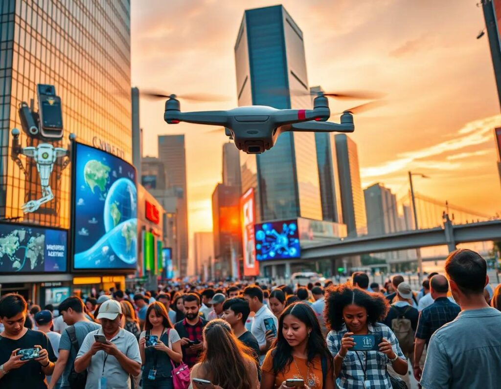 ciudad vibrante al atardecer con tecnologia y diversidad en movimiento