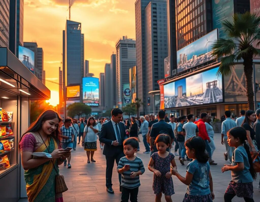 ciudad vibrante al atardecer diversidad progreso y desafios globales