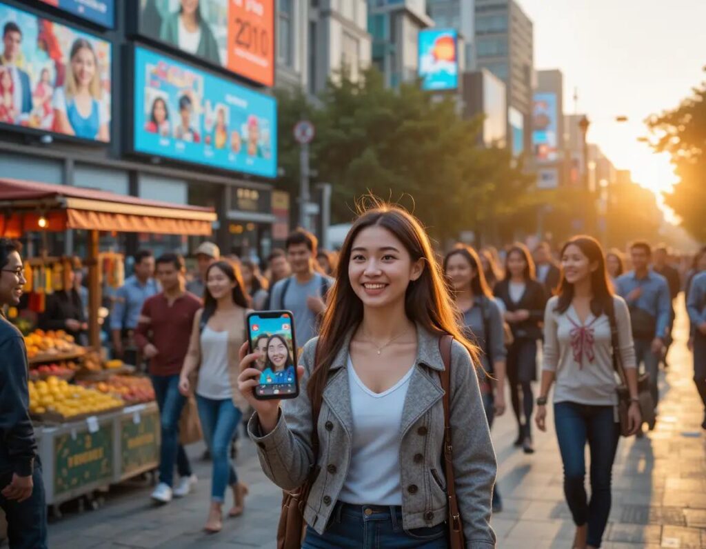 ciudad vibrante al atardecer personas diversas conectadas y felices
