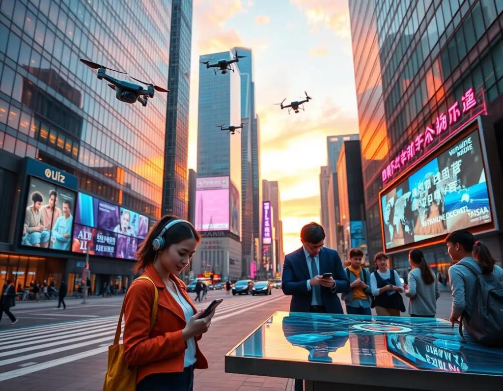 ciudad vibrante al atardecer tecnologia personas conectadas y drones