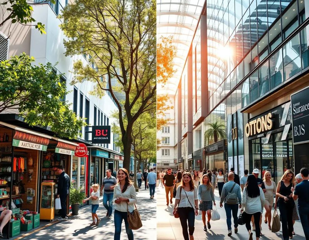 contraste entre calle acogedora con tiendas locales y moderno centro comercial