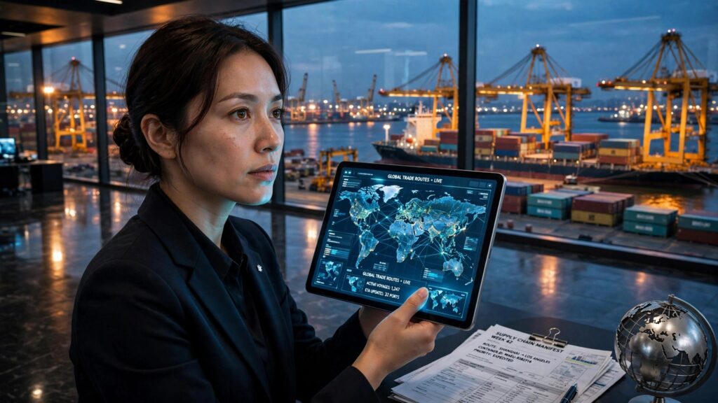 coordinadora de logistica supervisando puerto comercial con tablet digital