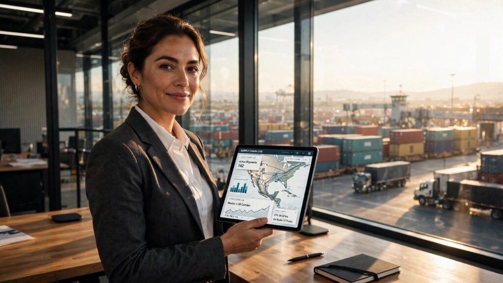 directora de exportacion mexicana revisando tableta en centro logistico