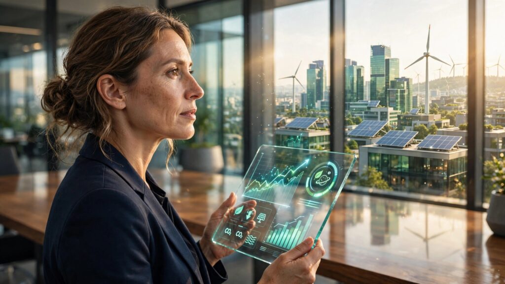 economista analizando datos de desarrollo sostenible en oficina luminosa