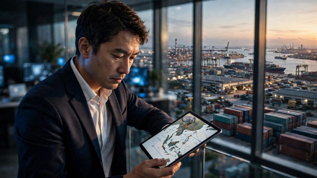 economista evaluando datos de capital global frente a la ciudad