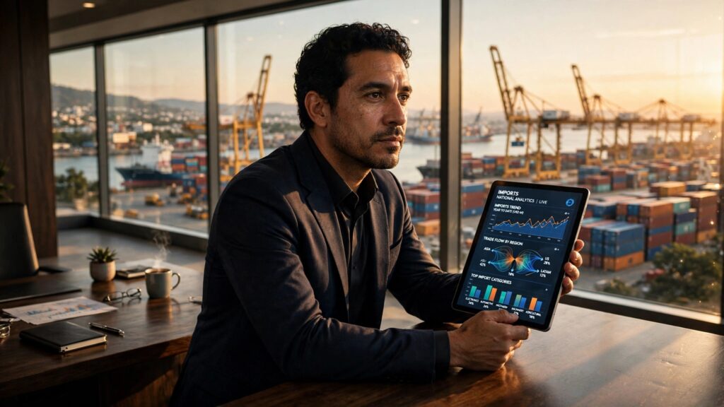 economista evaluando datos de comercio nacional con tableta digital