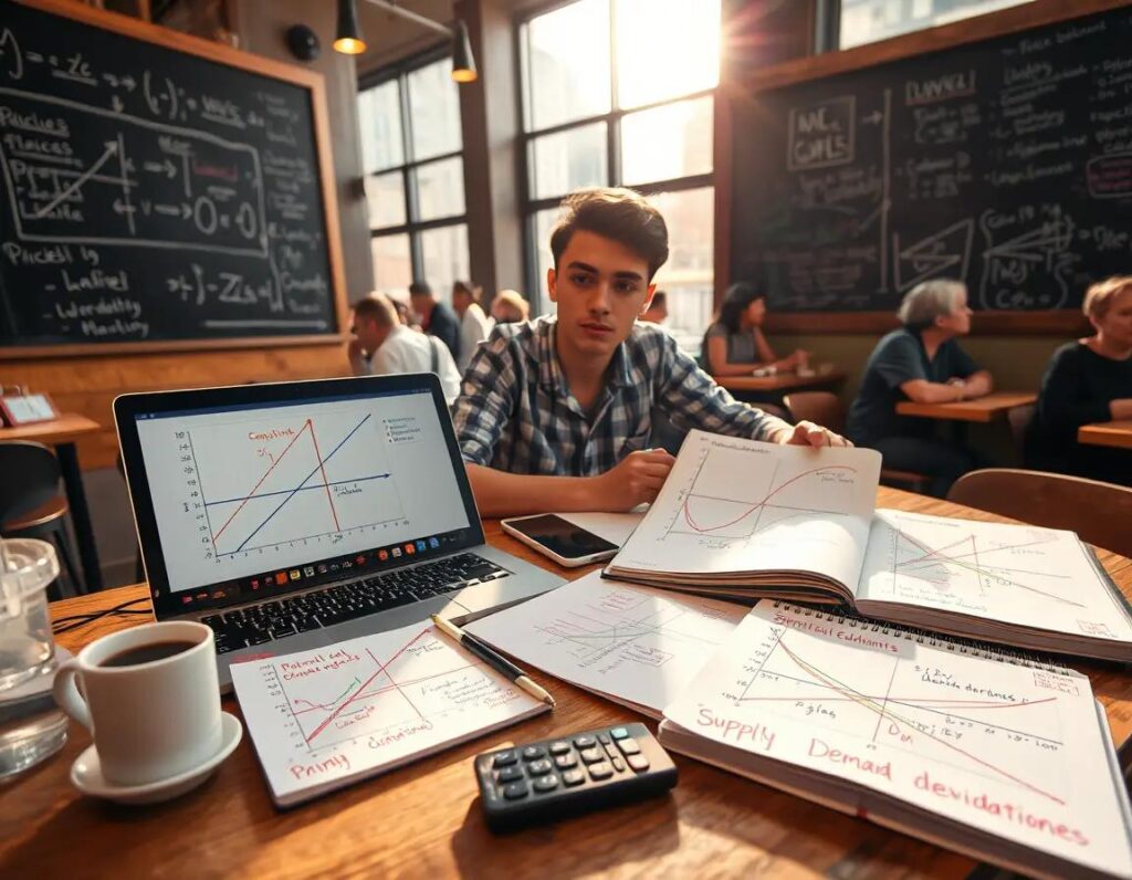 economista joven estudia graficos y notas en cafe urbano iluminado