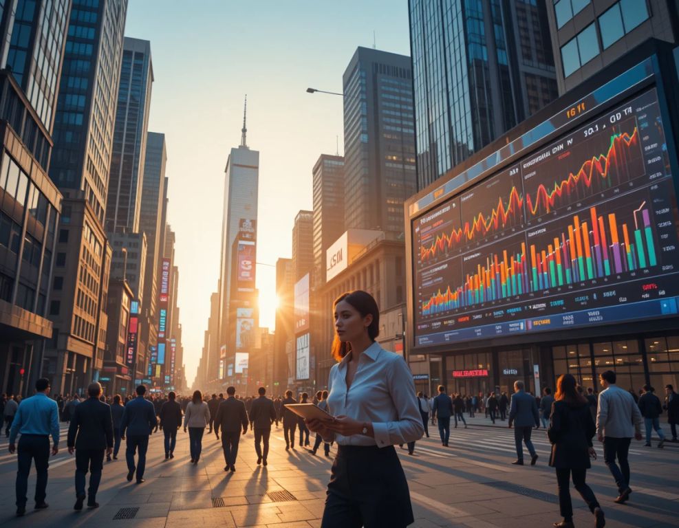 economista observa datos en ciudad vibrante al amanecer simbolo de economia