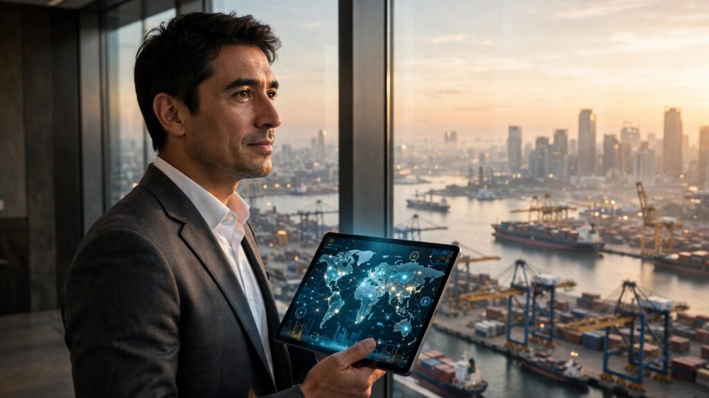 economista observando mapas financieros globales en tableta cerca del puerto