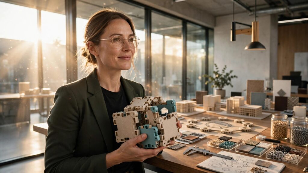 empresaria sosteniendo prototipo modular en estudio de innovacion iluminado