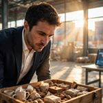 empresario de pyme examinando mercancia para exportar en almacen
